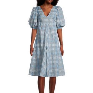 NEW Ganni Check Seersucker Puff-Sleeve Dress, Size 0